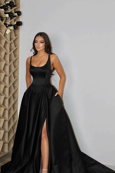 Black Long A-line Satin Front Slit Formal Prom Dresses with Pockets_2