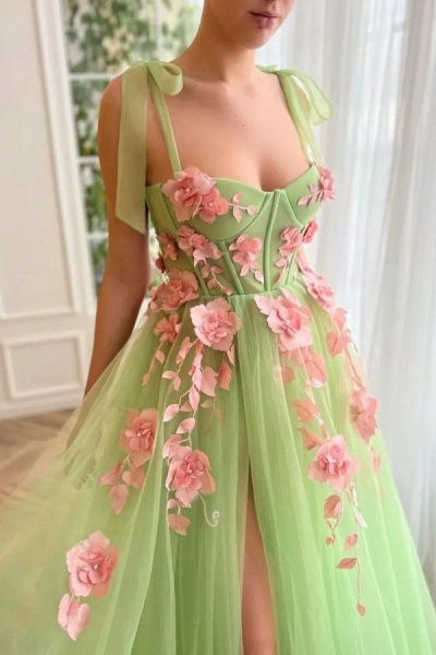 Long A-line Sweetheart Tulle Flower Formal Prom Dresses with Slit_2