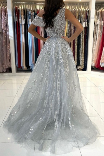 Silver Long Mermaid One Shoulder Glitter Tulle Formal Prom Dresses_2