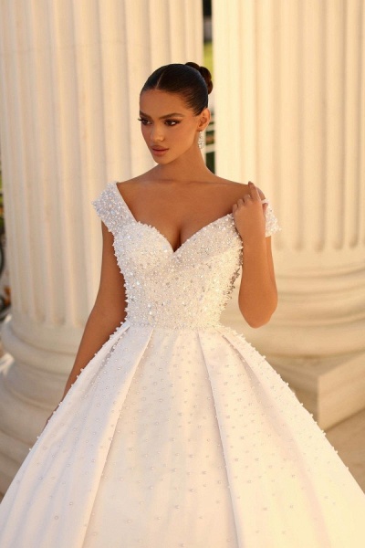 Elegant Long Ball Gown Off the Shoulder Satin Backless Wedding Dresses_3