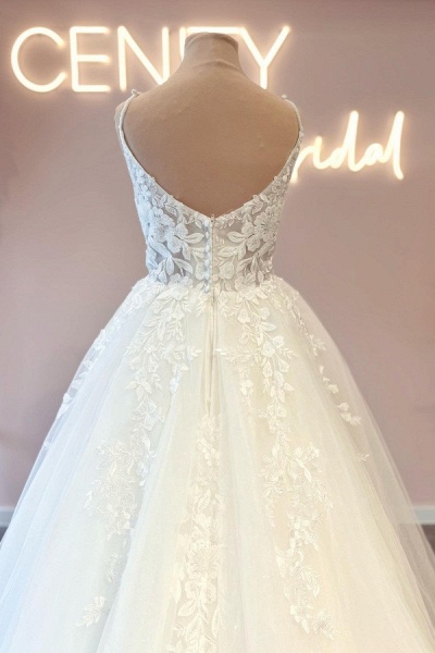 Simple Long A-line Sweetheart Lace Tulle Backless Wedding Dresses_4