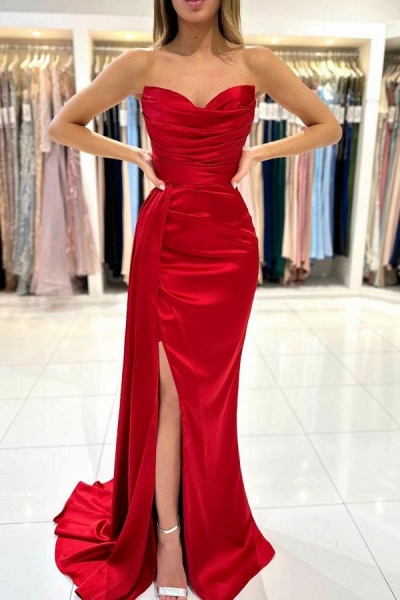 Simple Long Mermaid Sweetheart Satin Formal Prom Dresses with Slit_1