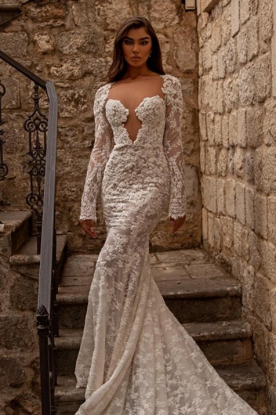 Elegant Long Mermaid Sweetheart Tulle Lace Backless Wedding Dresses with Sleeves_1