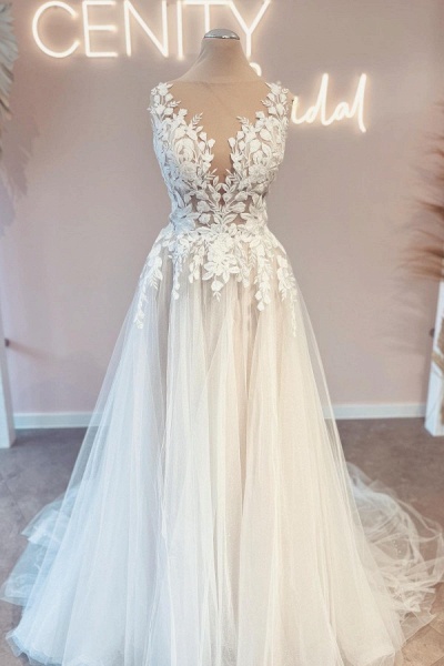 Wunderschöne lange Brautkleider in A-Linie mit V-Ausschnitt, Tüll und Spitze und offenem Rücken_1