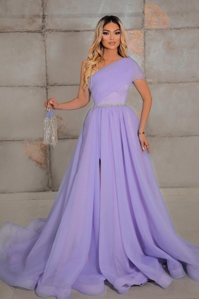Elegant Long A-line One Shoulder Tulle Formal Prom Dresses with Slit_1