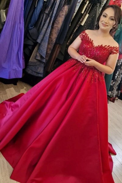 Gorgeous Long Ball Gown Off the Shoulder Satin Lace Formal Prom Dresses_1
