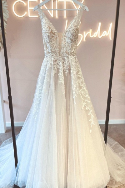 Sexy Long A-line V-neck Tulle Lace Backless Wedding Dresses Online_1