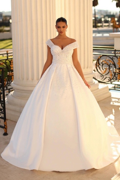 Elegant Long Ball Gown Off the Shoulder Satin Backless Wedding Dresses_1