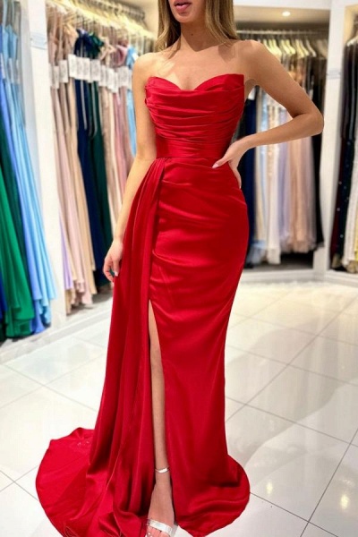Simple Long Mermaid Sweetheart Satin Formal Prom Dresses with Slit_2