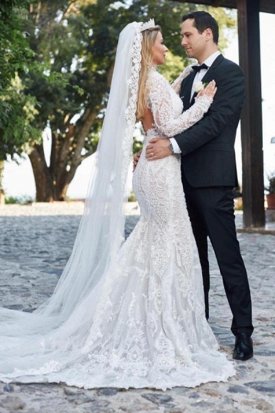 Gorgeous Long Mermaid V-neck Lace Wedding Dresses with Sleeves_3