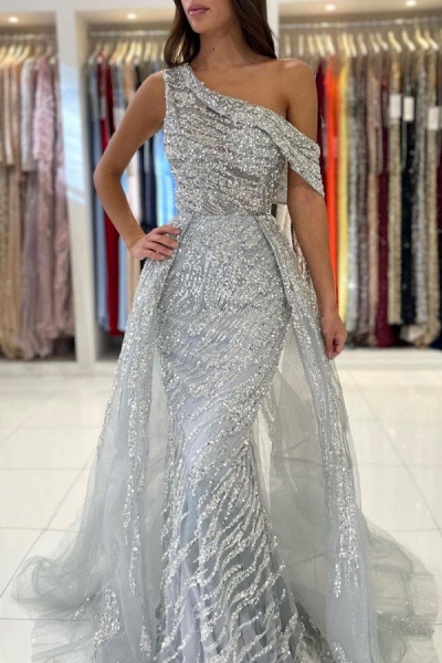 Silver Long Mermaid One Shoulder Glitter Tulle Formal Prom Dresses_3