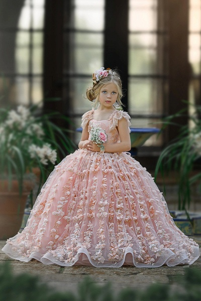 Wunderschöne rosa lange Ballkleid-Blumenmädchenkleider aus Tüll und Spitze