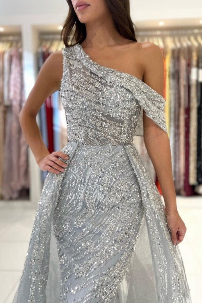 Silver Long Mermaid One Shoulder Glitter Tulle Formal Prom Dresses_4