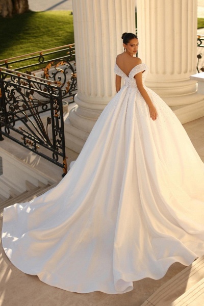 Elegant Long Ball Gown Off the Shoulder Satin Backless Wedding Dresses_2