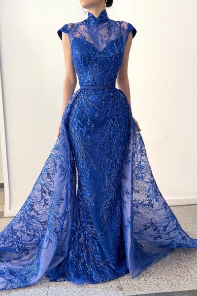 Long Mermaid High Neck Satin Tulle Lace Formal Prom Dresses_1