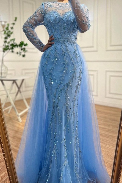 Sky-blue Mermaid Jewel Neck Tulle Appliques Floor Length Prom Dress with Long Sleeves_2