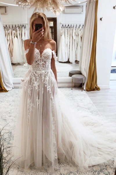 Gorgeous Long A-line Off the Shoulder Tulle Lace Wedding Dresses with ...