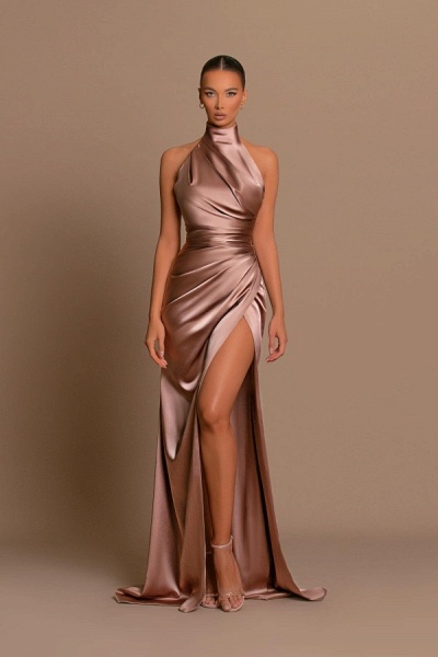Simple Long Mermaid High Neck Satin Formal Prom Dresses with Slit_1
