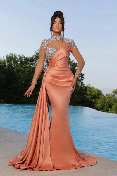 Elegant Long Mermaid High Neck Satin Beading Formal Prom Dresses with sleeves_1