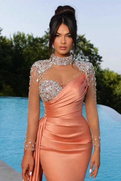 Elegant Long Mermaid High Neck Satin Beading Formal Prom Dresses with sleeves_2