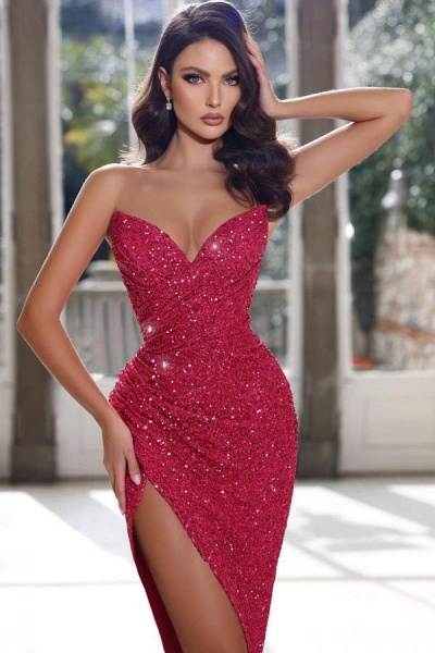 Simple Red Mermaid Sweetheart Sequined Sleeveless Long Prom Dress with Split_2