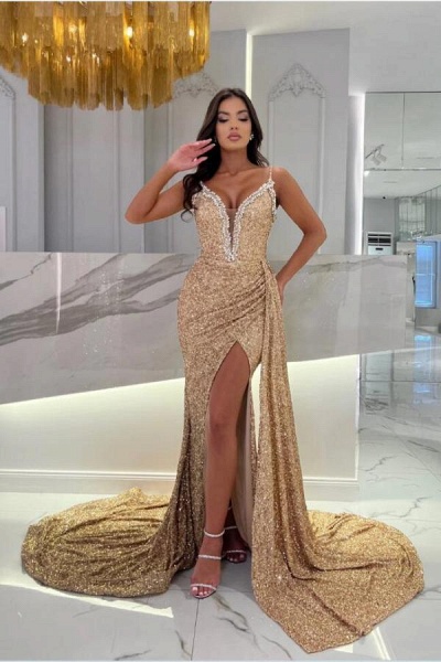 Long Mermaid V-neck Sequined Spaghetti Straps Formal Prom Dresses with Slit_1