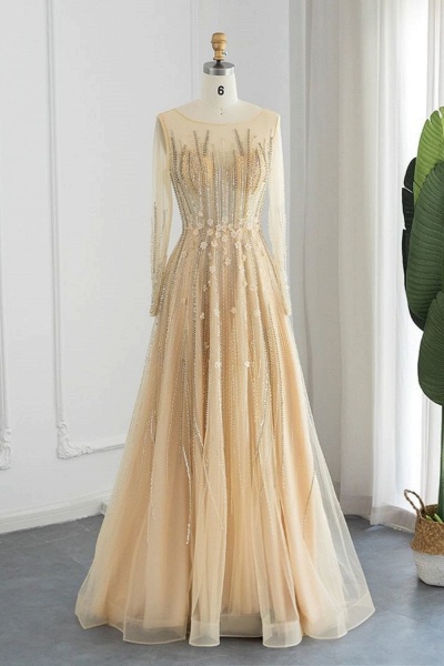 Amazing Long A-line Jewel Sequins Tulle Formal Prom Dresses with Sleeves