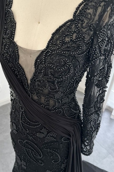Chic Long Sleeves Mermaid V-Neck Lace Formal Prom Dress with Sweep Train_4