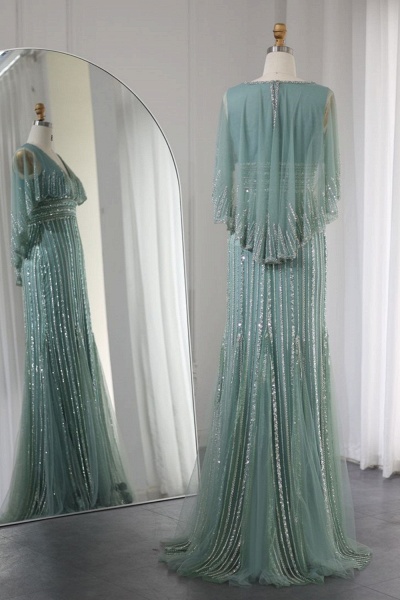 Luxuriöse, glitzernde, lange, formelle Abendkleider im Meerjungfrau-Stil mit Pailletten und abnehmbarem Schal_2