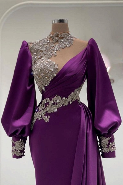 Purple Long Sleeves High Neck Sparkle Beaded Mermaid Prom Dress_2