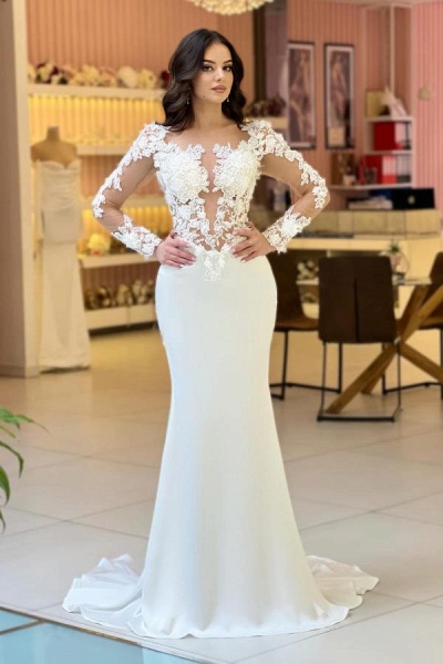 White Mermaid V-Neck Satin Lace Appliques Long Wedding Dresses with sleeves