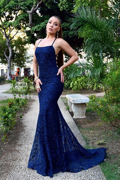 Dark Navy Long Mermaid Strapless Backless Lace Prom Dresses