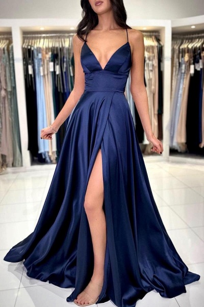 Simple Navy Blue Long A-line V-neck Satin Backless Formal Prom Dresses with Slit_1