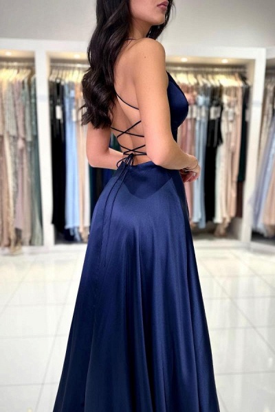 Simple Navy Blue Long A-line V-neck Satin Backless Formal Prom Dresses with Slit_4