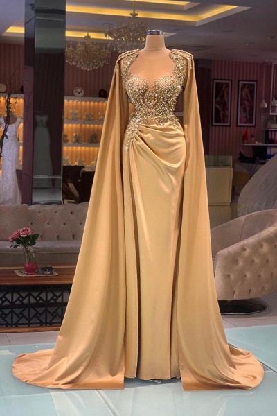 Long Champagne Mermaid Sweetheart Satin Long Sleeves Prom Dresses with Beading