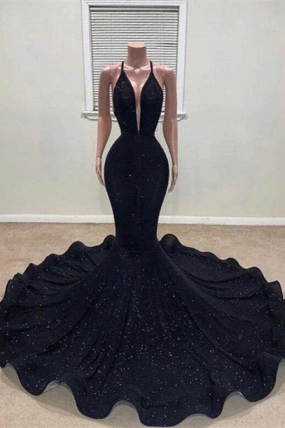Black Long Mermaid Deep V-neck Sequined Sleeveless Prom Dresses