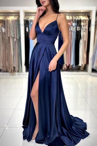 Simple Navy Blue Long A-line V-neck Satin Backless Formal Prom Dresses with Slit_3