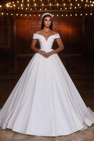 Elegant White Ball Gown V-Neck Off-the-shoulder Satin Long Wedding Dresses