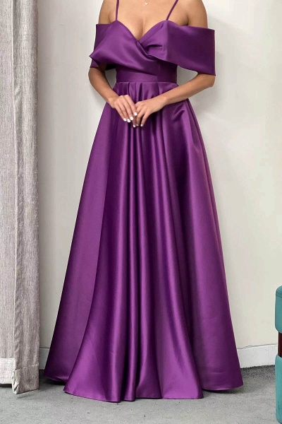 Long A-line Off the Shoulder Spaghetti Straps Satin Prom Dresses