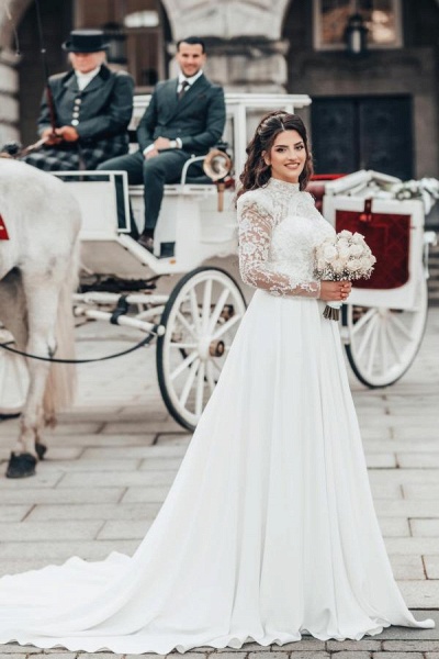 White Long A-line High Neck Chiffon Lace Wedding Dresses with Sleeves