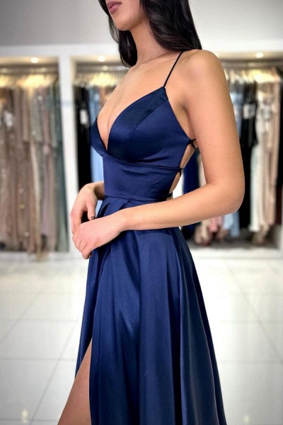 Simple Navy Blue Long A-line V-neck Satin Backless Formal Prom Dresses with Slit_5