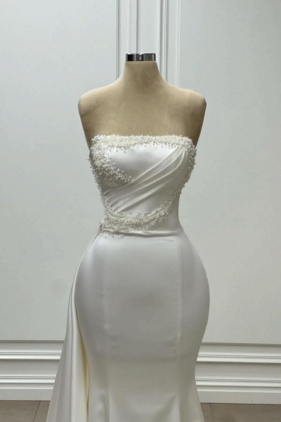 White Long Mermaid Strapless Satin Floor Length Formal Prom Dresses_2