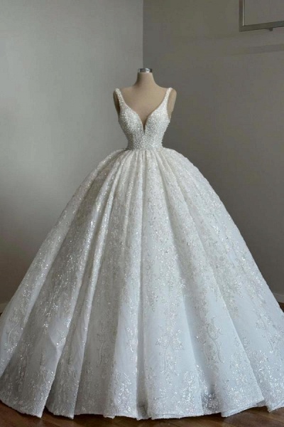 White Long Ball Gown V-neck Straps Tulle Lace Backless Wedding Dresses