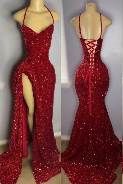 Long Mermaid Sweetheart Sequined Backless Formal Prom Dresses with Slit_2