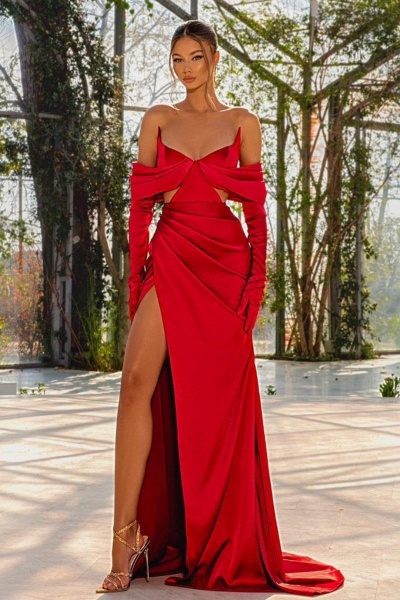 Red Long Sweetheart Satin High Split Mermaid Evening Dresses with Sleeves
