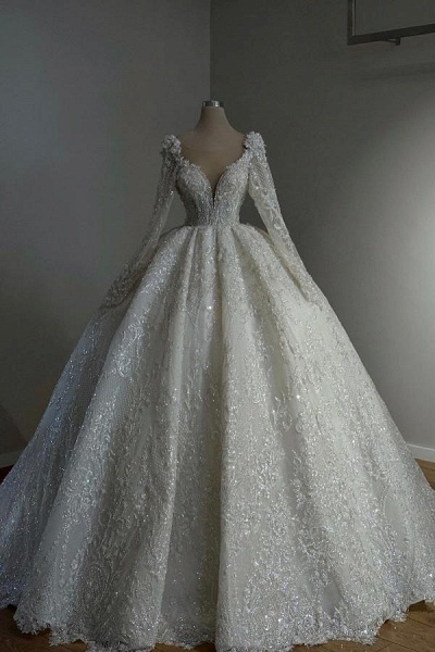 Ivory Ball Gown V-nek Tulle Lace Wedding Dresses with Sleeves