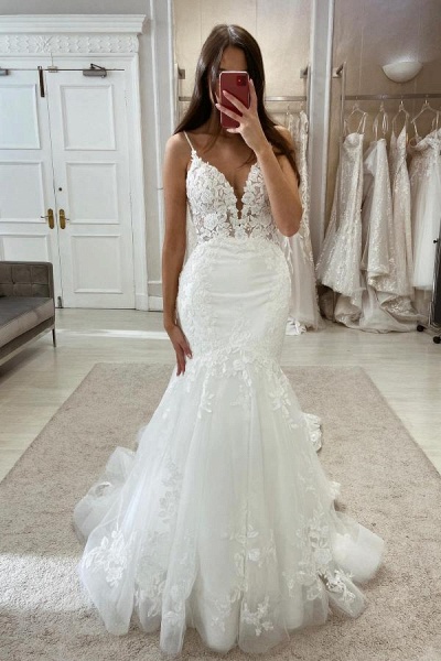 White Long Mermaid V-neck Tulle Lace Backless Sleeveless Wedding Dress