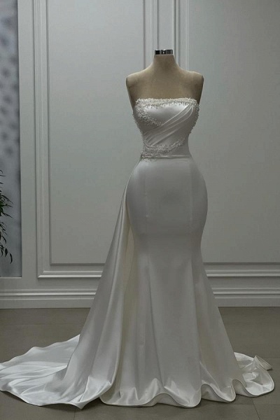 Weiße, lange, trägerlose, bodenlange Abendkleider aus Satin im Meerjungfrau-Stil