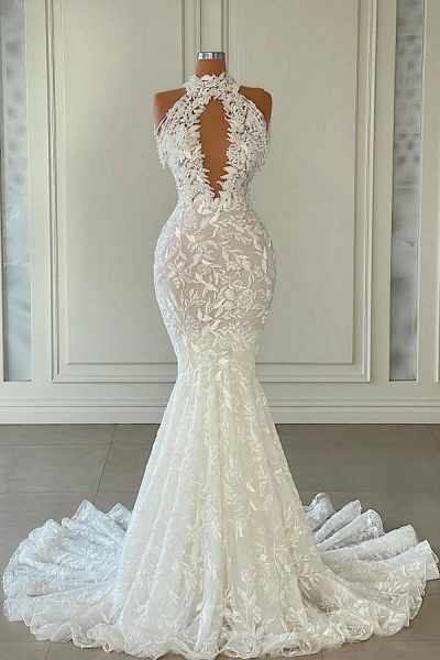 White Mermaid Halter Lace Tulle Sleeveless Long Wedding Dresses with Appliques