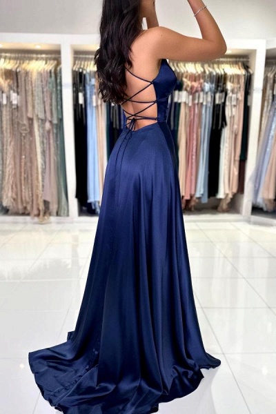 Simple Navy Blue Long A-line V-neck Satin Backless Formal Prom Dresses with Slit_2